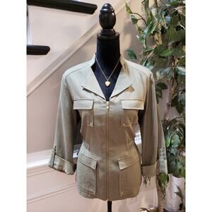 Rafaella Utility Safari Jacket Large Khaki Green Zip Front 4 Pocket Roll Sleeve